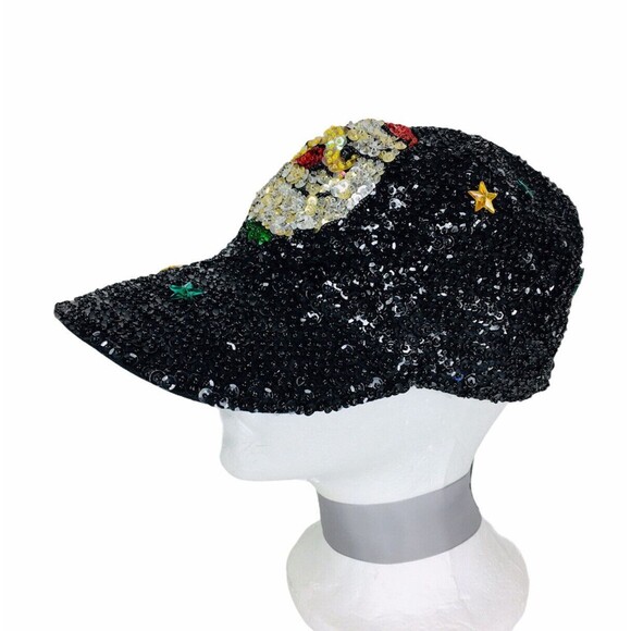 Vintage 80s Santa Claus Christmas Black Beaded Sequined Blingy Sparkle Stars Hat